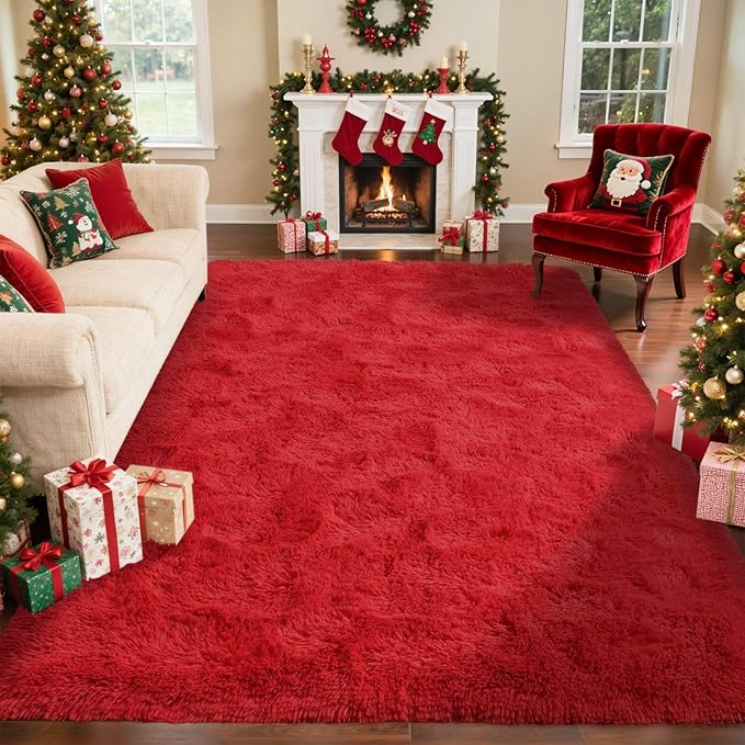 5x7 Ft Red Shag Rugs for Bedroom Living Room Decor, Ultra Soft Fluffy Furry Area Rug for Indoor Floor, Aesthetic Carpet for Home Nursery Dorm Decor