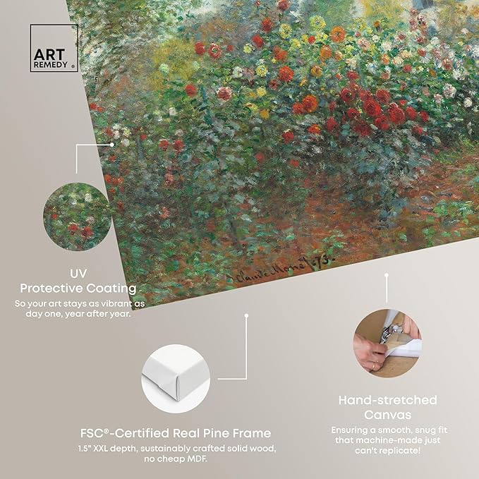 Art Remedy Monet-Garden With Dahlias Impressionism Classic Landscape Paintings Canvas Wall Art, Gallery Wrapped, 36"x54"