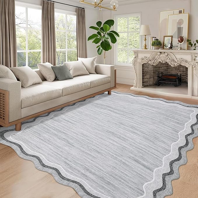 GarveeHome Scalloped Washable Rug 9x12 Area Rugs for Living Room Modern Solid Carpet for Bedroom Abstract Irregular Scalloped Non-Slip Low-Pile Accent Carpet for Dining Room Home Office(Grey, 9x12)