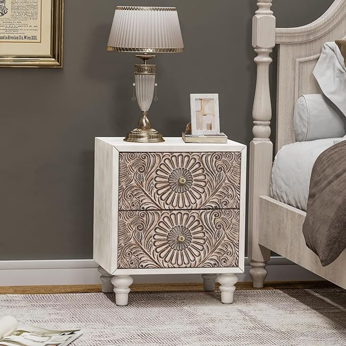 COSIEST Nightstand, 14" D x 18" W x 21.5" H MDF End Table with 2 Drawers, Vintage Style Wood Bedside Table, Bedroom Accessories for Home, Office, College Dorm
