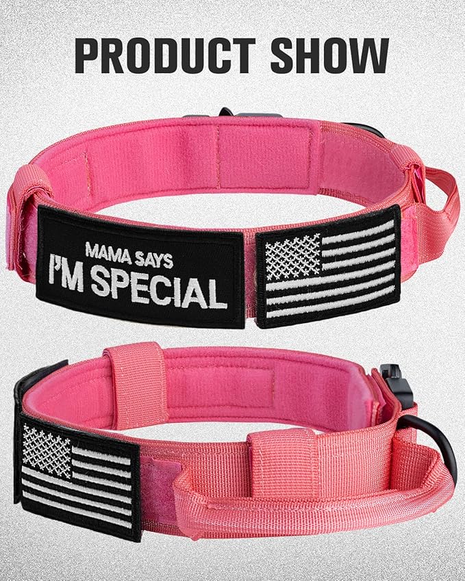 Joytale Tactical Dog Collar with Handle, Adjustable Heavy Duty Military Collar with 2 Patches for Training, Suitable for XLarge Dogs, Hotpink, XL