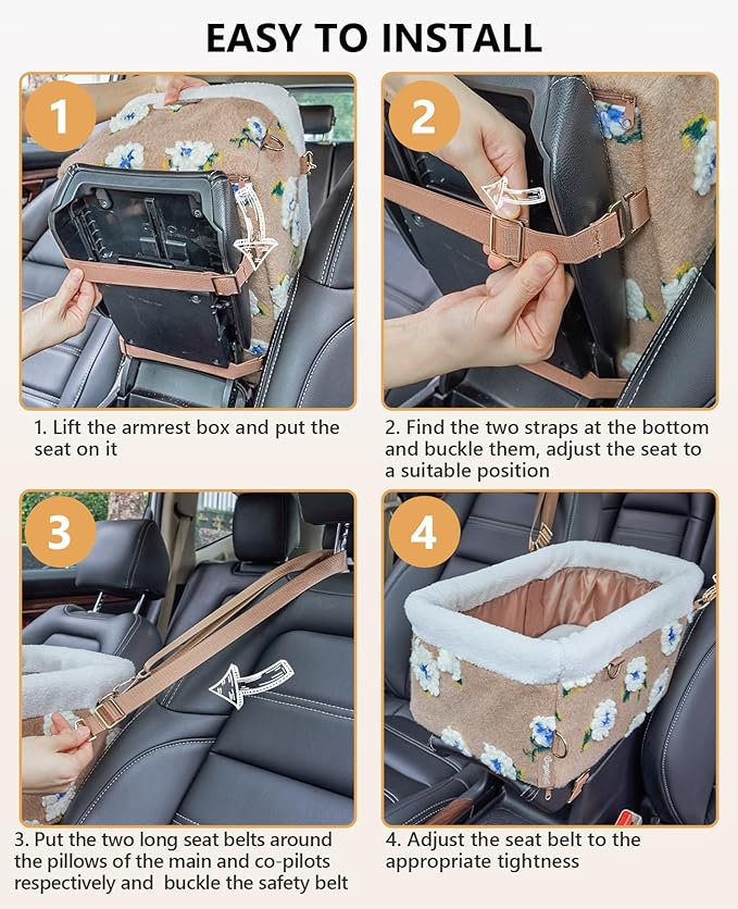 BurgeonNest Dog Carseat for Small Dog, Center Console Pet Booster Seats with Metal Frame, Upgraded Pet Carseat with Double Protection Seat Belts, Washable Cushion, Safety Leash and Storage Pocket