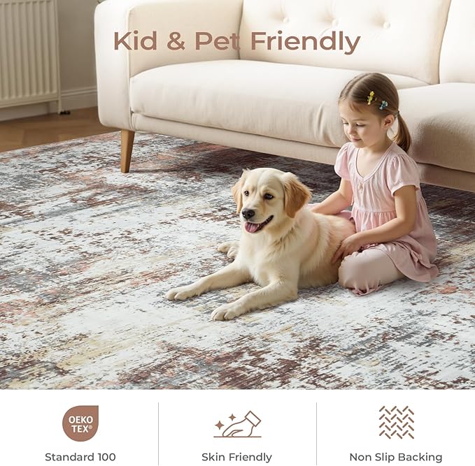 6x9 Area Rugs for Living Room, Abstract Rug with Non-Slip Rubber Backing, Machine Washable Modern Colorful Carpet, Bedroom Dining Under Table, Soft Low Pile, Rust Red