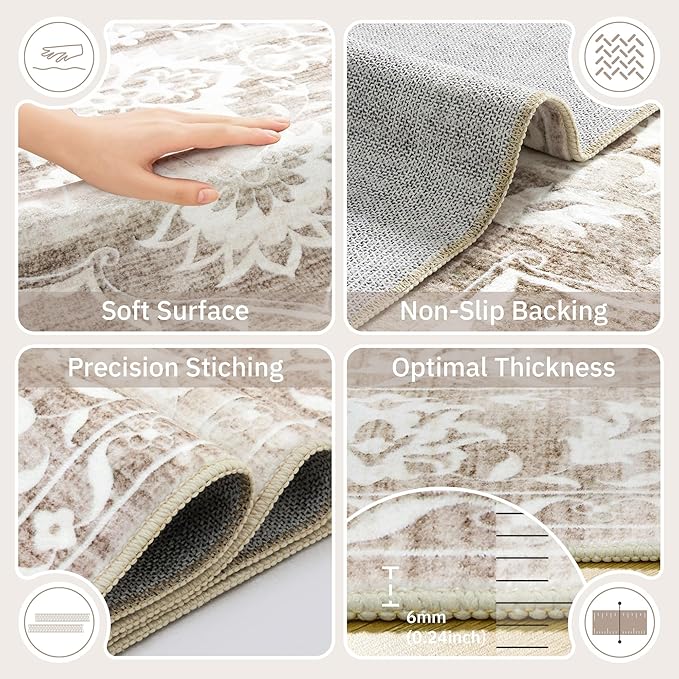 5x7 Area Rugs for Living Room, Washable Vintage Floral Non-Slip Low Pile Natural Rug Soft Throw Carpet for Dining Room Bedroom Home Office Nursery (Light Brown, 5'x7')