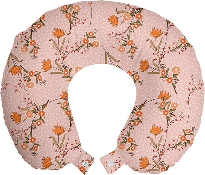 Ambesonne Floral Travel Pillow Neck Rest, Pastel Romantic Colored Wild Flowers Drawing on Polka Dotted Backdrop, Memory Foam Traveling Accessory for Airplane and Car, 12", Blush Camel
