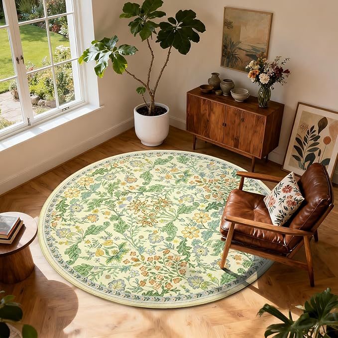 Floral Area Rug for Living Room: 6x6 Washable Soft Low Pile Thin Indoor Carpet, Non Slip Stain Resistant Vintage Flower Boho Accent Large Rugs for Bedroom, Dining, Home Office, Nursery - Ivory