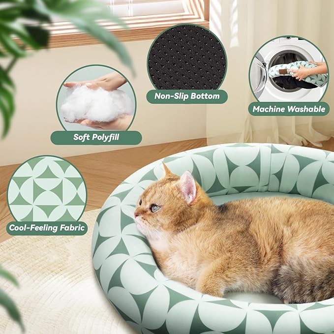 Cat Bed, 20In Dog Beds for Small Dogs, Calming Cat & Dog Beds for Indoor Pets, Pet Beds Comfortable Donut Round Ultra Soft (Green Pattern, 20.0" L x 20.0" W x 6.5" Th)