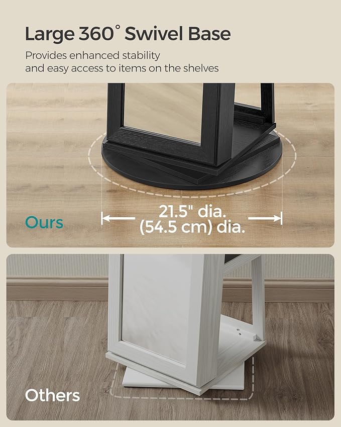 SONGMICS 360° Swivel Jewelry Cabinet, Lockable Jewelry Organizer with Full-Length Mirror, Rear Storage Shelves, Interior Mirror, Jewelry Armoire, Gift Idea, Black UJJC006B01
