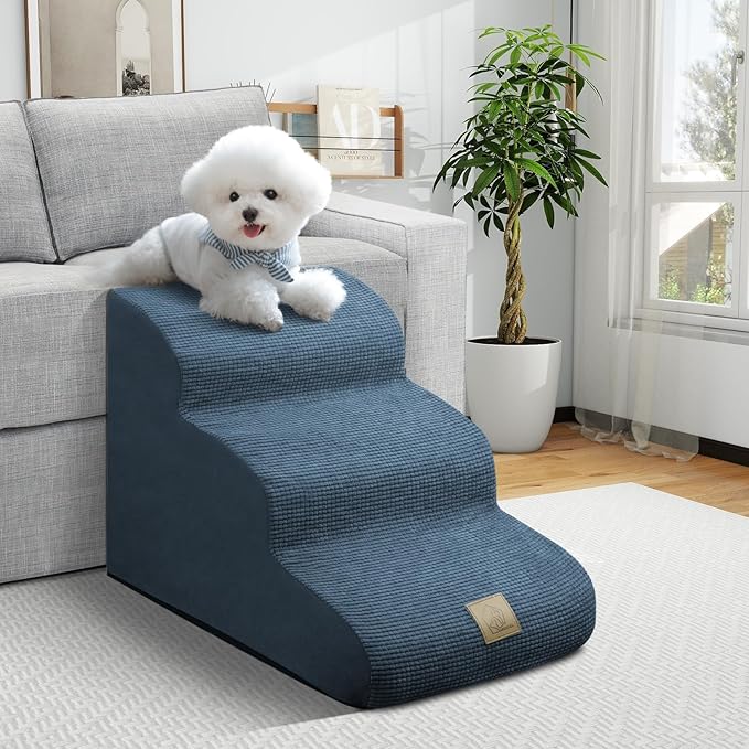 Mestuel Dog Stairs for Small Dogs, Dog Stairs to Couch Sofa Bed, 3 Steps Pet Stairs Ramp with High Density Foam& Non Slip Bottom, Dog Steps Ramp Ladder Hold up to 60 lbs, Blue