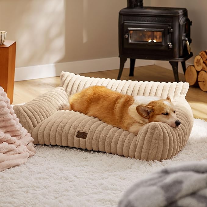 Bedsure Cute Dog Couch for Pets - Fluffy Dog Sofa with Premium Soft Corduroy Fleece, Pet Couch Bed with Washable Cover, Supportive Pet Sofa Bed for Medium Large Dogs, 36inch, Tuscan Beige