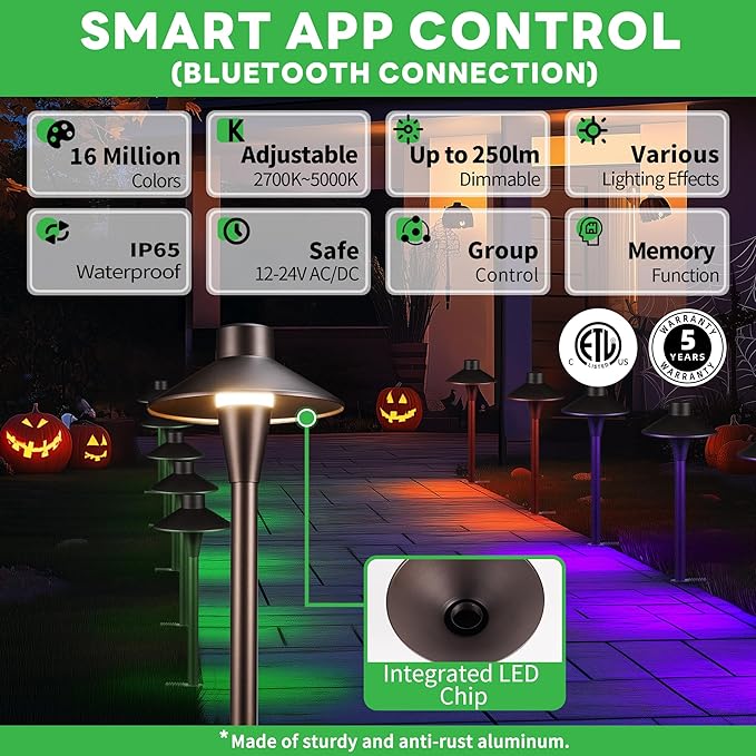 Chrisrmas Pathway Lights Smart, RGBCW Low Voltage Landscape Path Light 12V, Color Changing Walkway Lighting App Control, Outdoor LED Works with Alexa Aluminum ORB for Holiday Garden (4 Pack
