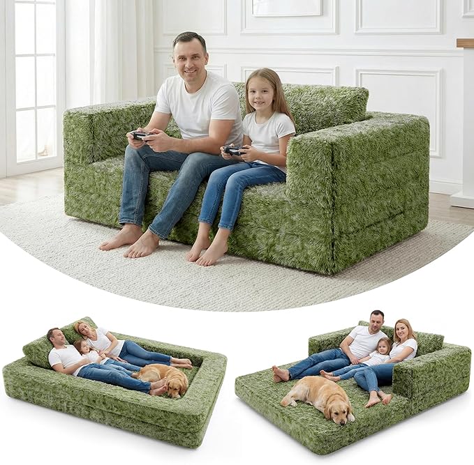HABUTWAY Convertible Sofa Bed,3-in-1 Folding Futon Sofa Bed with Pillow, Foldable Sleeper Sofa Bed with Removable Cover,Plush Boneless Floor Chair Couch Lounge for Living Room,(King,Green)