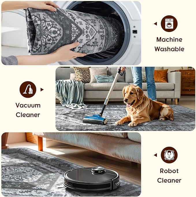 LBRO2M Boho Area Rug 6X9 Washable Rugs for Bedroom Low Piles Indoor Carpet, Non Slip Soft Rug for Living Room, Dining Room, Dark Gray Rug Foldable Pet Friendly Area Rugs (6'X9' Dark Gray)