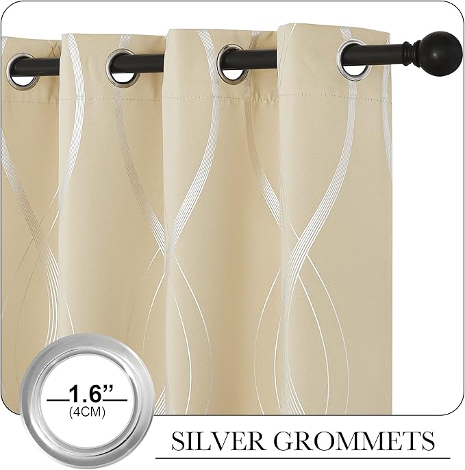 NICETOWN Room Darkening Curtains for Bedroom, Noise Reducing Thermal Insulated Wave Line Foil Print Design Blackout Curtains for Patio Sliding Glass Door (2 Panels, 42 x 84 Inch, Biscotti Beige)