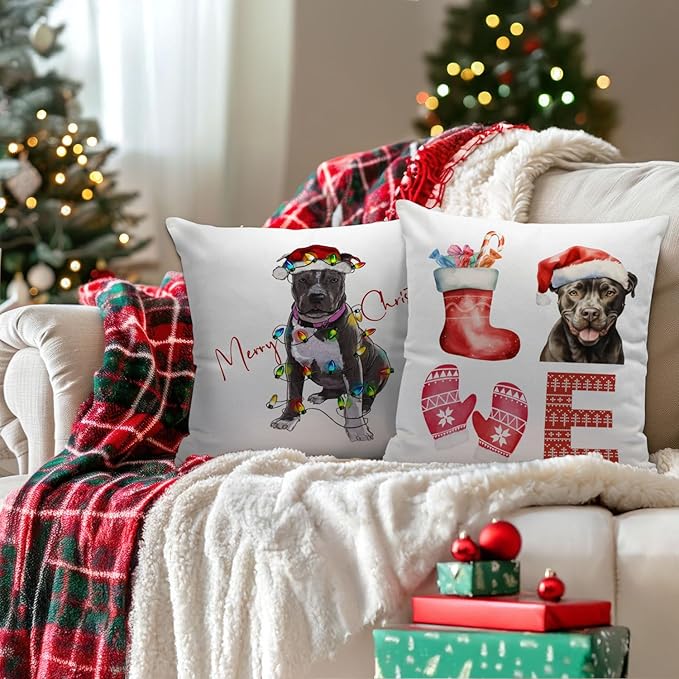 Pitbull Christmas Pillow Covers 18x18, Gifts for Pitbull Lovers Women, Mom Gifts, Merry Christmas Xmas Pillow Covers, Living Room Bedroom Decor, Set of 2