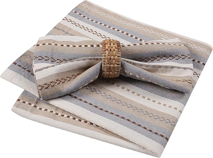 Multi Color Stripes Cotton Hemstich Napkin, Decorative Wedding Cocktail Mashine Washable Dinner Napkins with Mitered Corners - Pack of 12-18x18 Inch - Ivory Multi