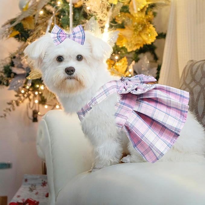Dog Dress Bowknot Harness Leash Set for Small Dogs Girl Cute Plaid Dog Dress Pearls Bow Tie Spring Summer Princess Clothes Birthday Holiday Doggie Outfits for Puppy Cats Girl Apparel (Red, Medium)