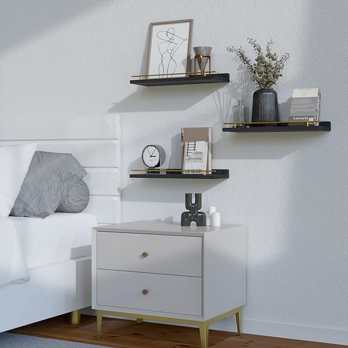 WOPITUES Floating Shelves with Gold Metal Guardrail, Shelves for Wall Decor Set of 3, Wall Shelves for Bedroom, Bathroom, Kitchen, Living Room, Plants, Picture Frames, Art- Black and Gold