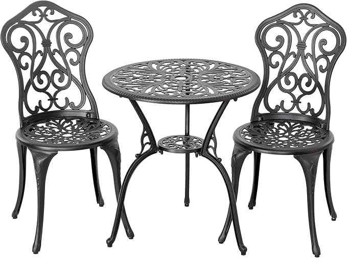 NUU GARDEN 3 Pieces Patio Bistro Set, Round Table with Umbrella Hole, Outdoor Bistro Set with 2 Chairs, All-Weather Outdoor Patio Bistro Set for Garden, Lawn, Poolside, Porch, Black