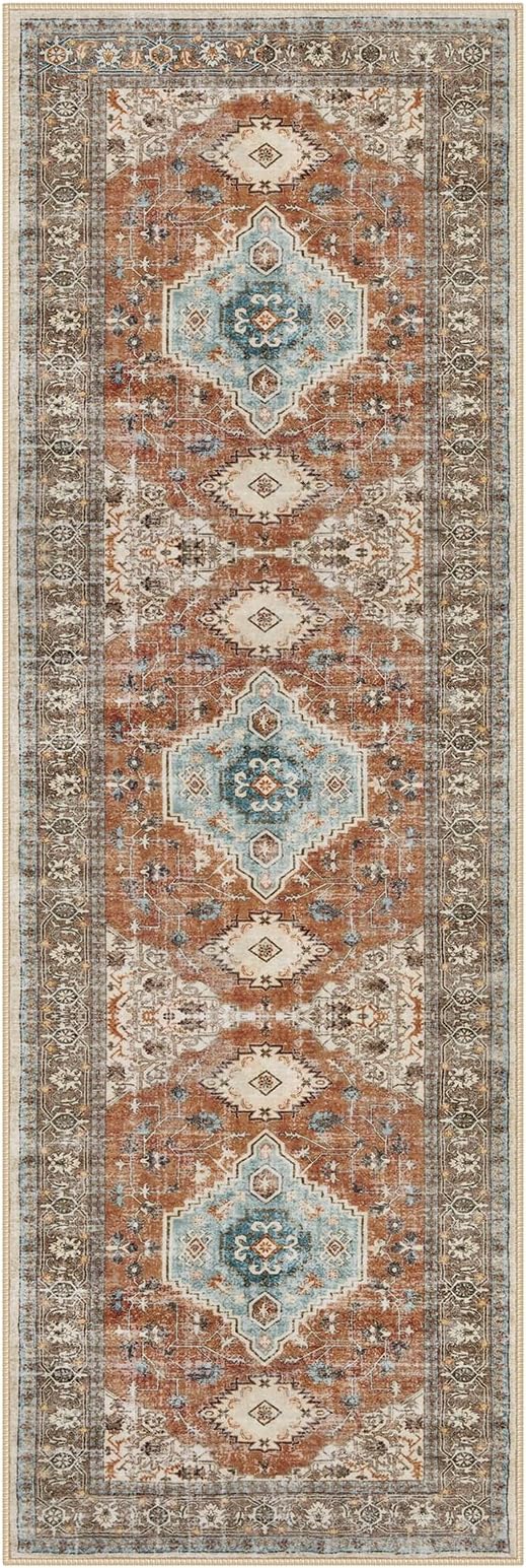 Lahome Oriental Hallway Runner Rug, 2.5x8 Kitchen Runner Non Slip Ultra-Thin, Soft Washable Hallway Rug Non Shedding Long Carpet for Entryway ?랰aundry Room Bathroom, Orange/Multi