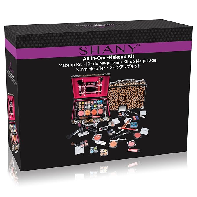 SHANY Carry All Make up Train Case with Pro Makeup Set, Beauty Brushes, Lipsticks, Eye Shadows, Blushes, Powders, and more - Reusable Cosmetics Storage Organizer - Premium Gift Packaging - Leopard