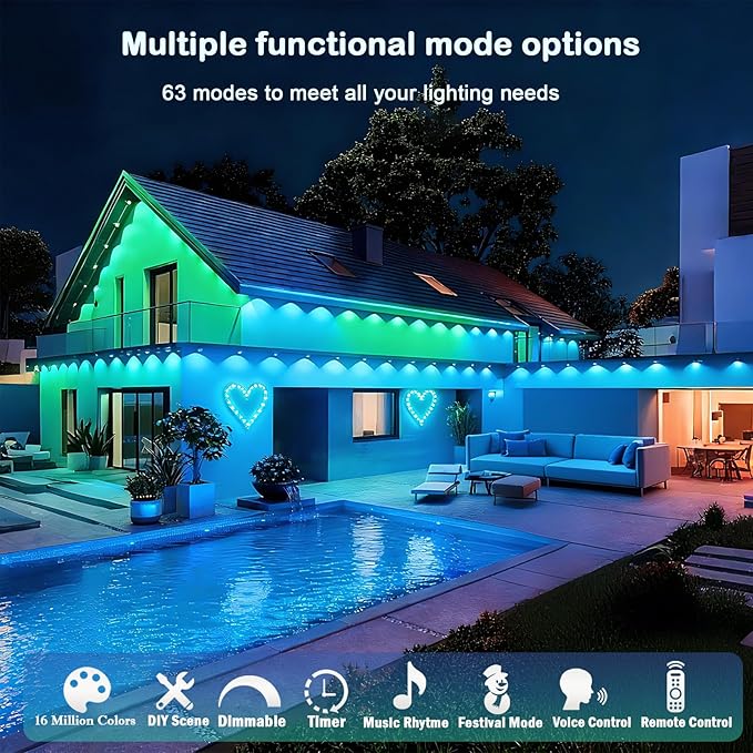 150ft Permanent Outdoor Christmas Lights for House, Smart RGB+IC+Warm to Cool White LED Eave Lights with App Control, IP65 Outside Light Compatible with Alexa, Google Assistant