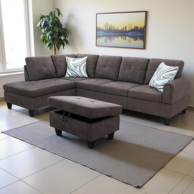 L Shaped Couch Modern Sectional Couch Upholstered Fluffy Fabric 3 Pieces Sofas for Living Room with Chaise, Storage Ottoman for Office and Small Apartment, Dark Brown
