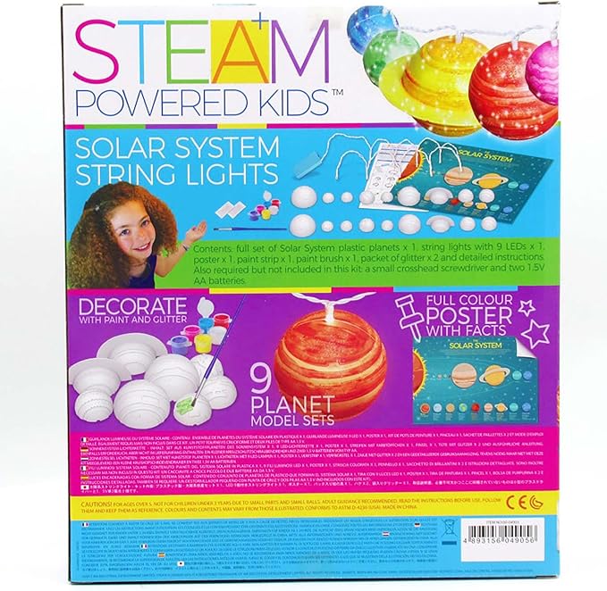 4M: STEAM Powered Kids: Solar System String Lights - Assemble & Paint Your Mini-Planetarium, LED Lights, DIY Outer Space Art & Craft Kit, Kids Ages 5+