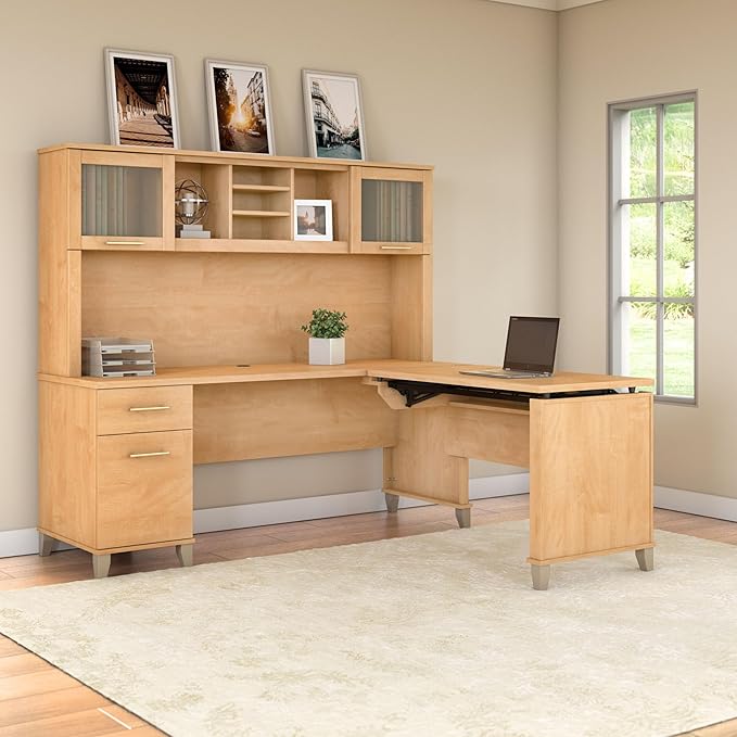 Bush Furniture Somerset 3 Position Sit to Stand L Shaped Desk with Hutch in Maple Cross Ergonomic Height Adjustable Standing Computer/Laptop Table for Home Office