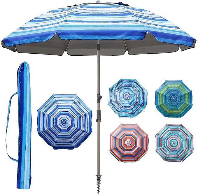 Blissun 7.2' Beach Umbrella with Sand Anchor, Outdoor Portable Beach Umbrella for Sand with Tilt Pole, Carry Bag, Air Vent