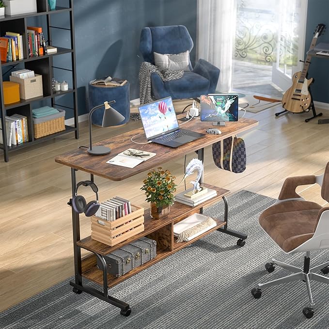 Armocity Height Adjustable Standing Desk with Power Outlets, 47" Manual Stand Up Desk with Storage Shelves Small Mobile Rolling Computer Desk Portable Laptop Table with Wheels for Home Office, Rustic