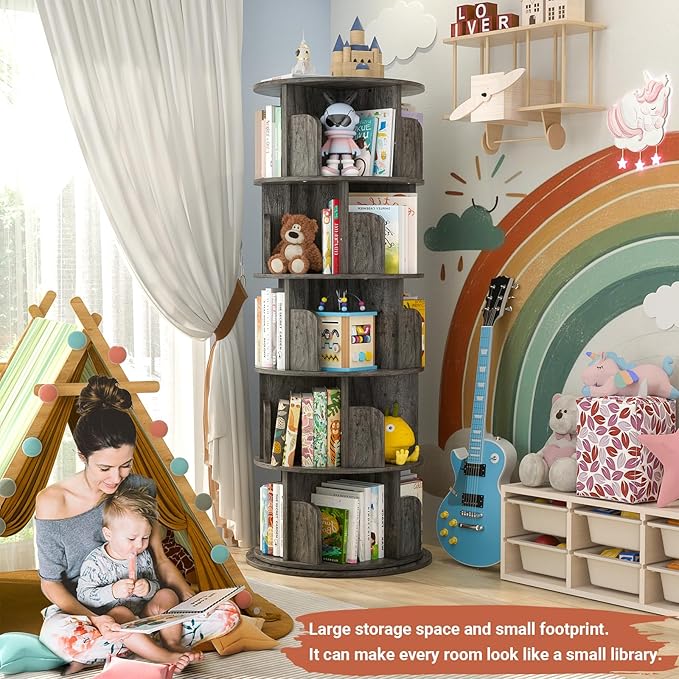 Rotating Bookshelf Tower, 5 Tier Spinning Bookcase, Revolving 360 Book Shelf Narrow Tall Bookcase, Vertical Turning Round Bookshelf Organizer, Wood Corner Book shelf for Small Space, Black Oak