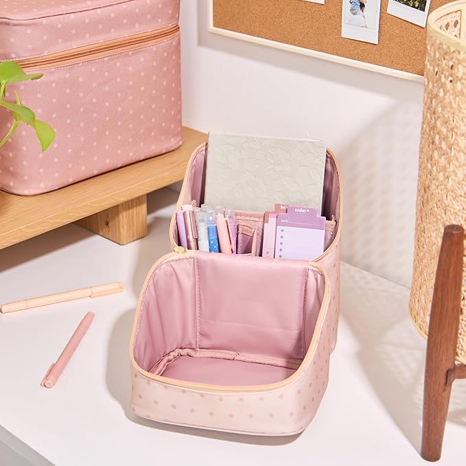 Erin Condren Tall Organizer Case, Multi-Purpose Travel Case with Stylish Almond Asterisk Design, Removable Dividers and Sturdy Vegan Leather Handle, Carry Toiletries, Makeup, Jewelry and More