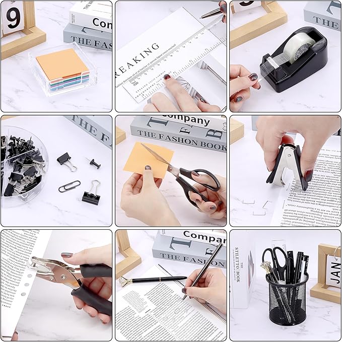 17 in 1 Black Desk Organizers and Accessories Set, 3 Office Desk Supplies Storage Organization, 4 Pens, Stapler, Staples & Remover, Tape & Dispenser, Scissors, Ruler, Clips, Hole Punch, Back to School