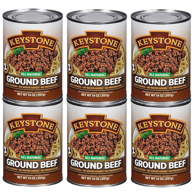 Keystone Meats All Natural Ground Beef 14 Oz Fully Cooked Canned Meat | Heat & Serve | 5-Year Shelf Life | Ready to Eat, Gluten-Free Pantry Staple | Survival & Emergency Food | Made in USA | Pack of 6