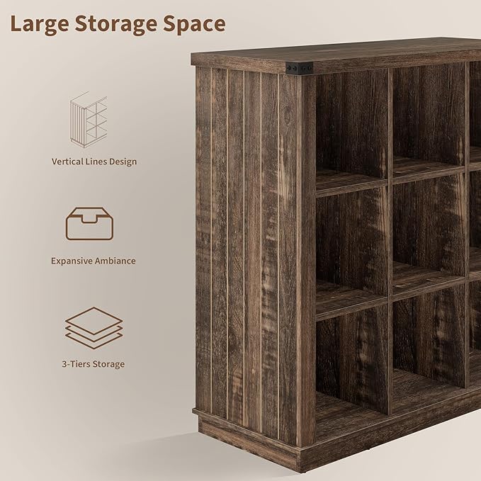 GarveeHome 9 Cube Storage Organizer Bookshelf, 4 Tier Farmhouse Horizontal Bookcase, 37.4 Inch Wood Storage Bookcase for Entryway, Long Low Bookshelves for Living Room-Black Oak