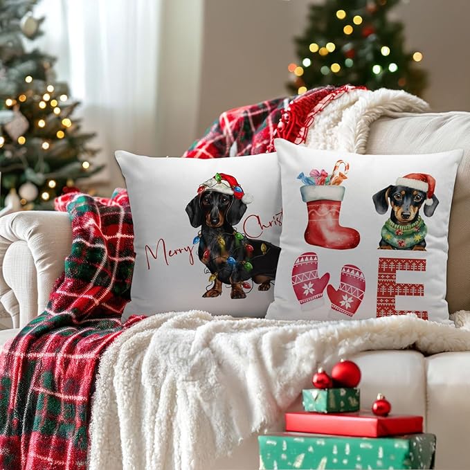 Dachshund Christmas Pillow Covers 18x18, Dachshund Gifts for Women, Merry Christmas Decor, Living Room Bedroom Decor, Set of 2