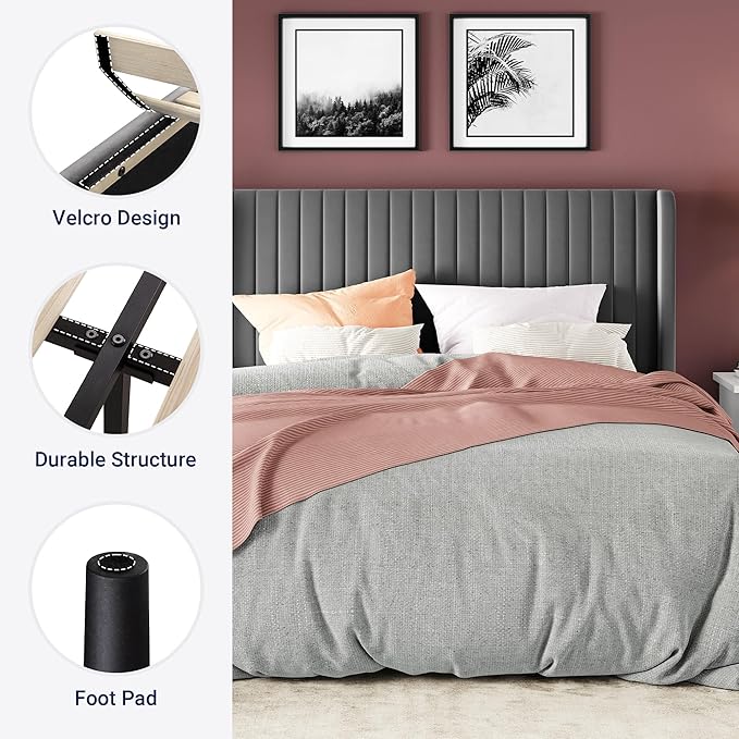 Allewie King Size Velvet Bed Frame/Vertical Channel Tufted Wingback Headboard/Upholstered Platform Bed/No Box Spring Needed/Strong Wooden Slats/Easy Assembly/Grey