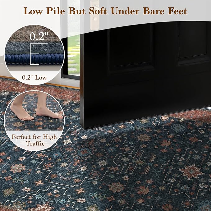 LBRO2M Farmhouse Washable Rugs 5X7 for Living Room Bedroom Vintage Non Slip Rugs Easy Clean, Low Piles Stain Resistant Carpet Distressed Area Rug Great for Pets and Family (5'X7' Distressed Blue)