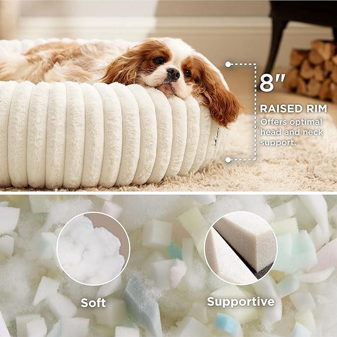 Bedsure Donut Medium Dog Bed - Washable Faux Fur with Corduroy Fleece & Anti Slip Bottom, Round Pet Bed with Removable Cover, Cream, 30x30x8 inches