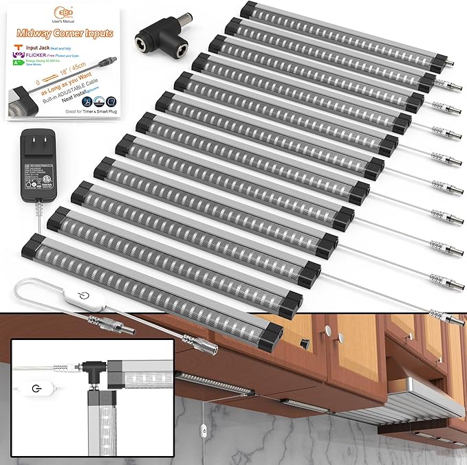 EBD LED Light Bar Built-in Adjustable Cable 12 Pcs Corner Input Under-Counter Light fixtures Work Bench linkable Touch Lights 3000K 5400 Lm Super Bright for Pantry Garage Shelves Closet Shelf