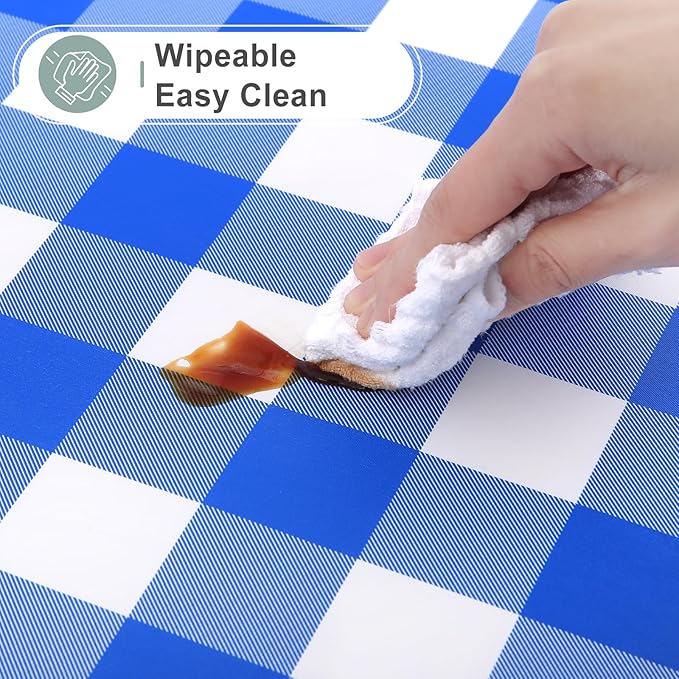 misaya Rectangle Waterproof Vinyl Table Cloth, Buffalo Flannel Backed Tablecloth, Wipeable Plastic Table Cover for Seaside, Picnic, Outdoor (60" x 144", White and Blue)