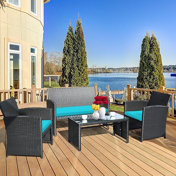 Tangkula 8 Pieces Patio Wicker Conversation Furniture Set, Patiojoy Sofa & Table Set w/4 Seats, Outdoor Rattan Sofa Set for Balcony Backyard, Wicker Chair Set with Tempered Glass Coffee Table
