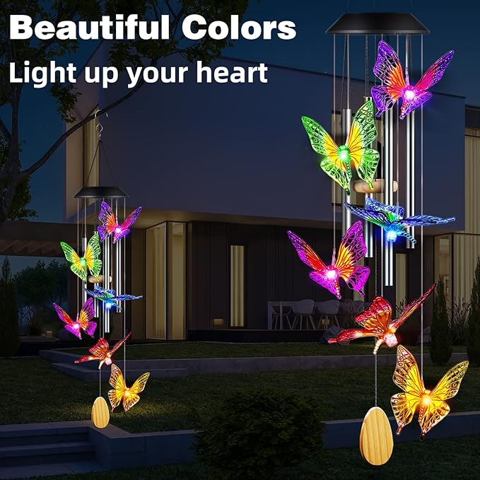 Butterfly Solar Wind Chimes with Aluminum Tubes - Color Changing Wind Chimes for Outside - Thanksgiving Gift