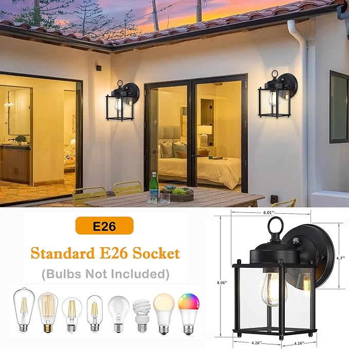 Dusk to Dawn Outdoor Wall Lantern, Exterior Waterproof Sconces Lighting Wall Mount, Front Porch Light, Anti-Rust Metal Outside Light Fixtures with Clear Glass, Matte Black, 2-Pack