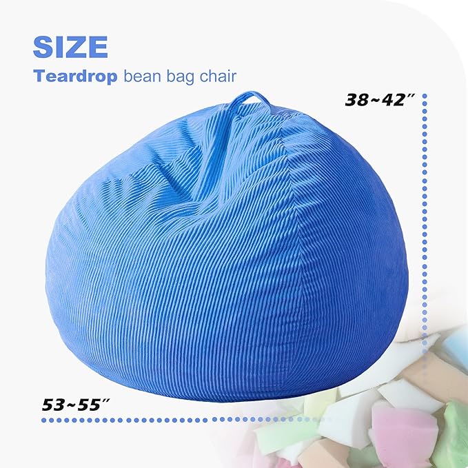 Homguava 5FT Bean Bag Chair for Adults,Teardrop Giant Bean Bags Big Beanbag Chair with Memory Foam Filled and Ultra Soft Removable Corduroy Cover for Living Room, Bedroom (Blue)