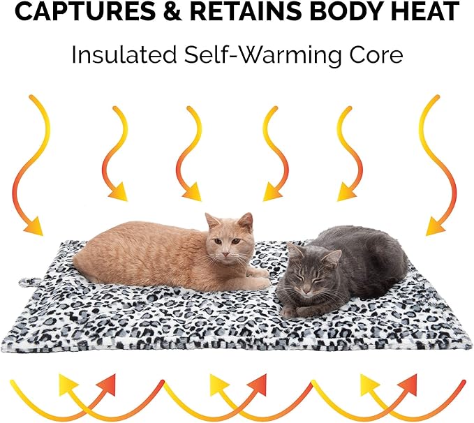 Furhaven ThermaNAP Self-Warming Cat Bed for Indoor Cats & Large/Medium Dogs, Washable & Reflects Body Heat - Quilted Faux Fur Reflective Bed Mat - Snow Leopard, Large