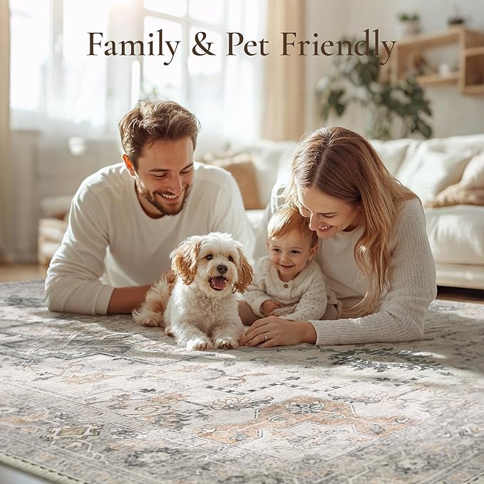 GENIMO Runner Rug 2'6"x6 Machine Washable Non Slip Vintage Hallway Runner Rug, Low Pile Lightweight Rugs for Indoor Entryway, Hallway, Kitchen and Corridor, Light Taupe Brown