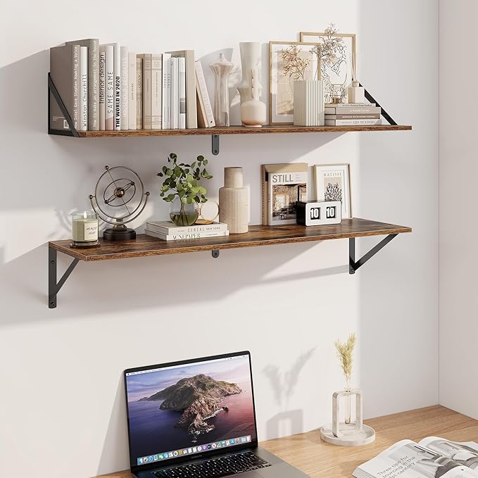 Heimlove Deep Floating Shelves for Wall, 36W x 8D Wood Wall Shelves Set of 2, Wide Floating Bookshelf for Living Room, Kitchen, Office, Bedroom and Decor Storage, with Metal Bracket - Rustic Brown