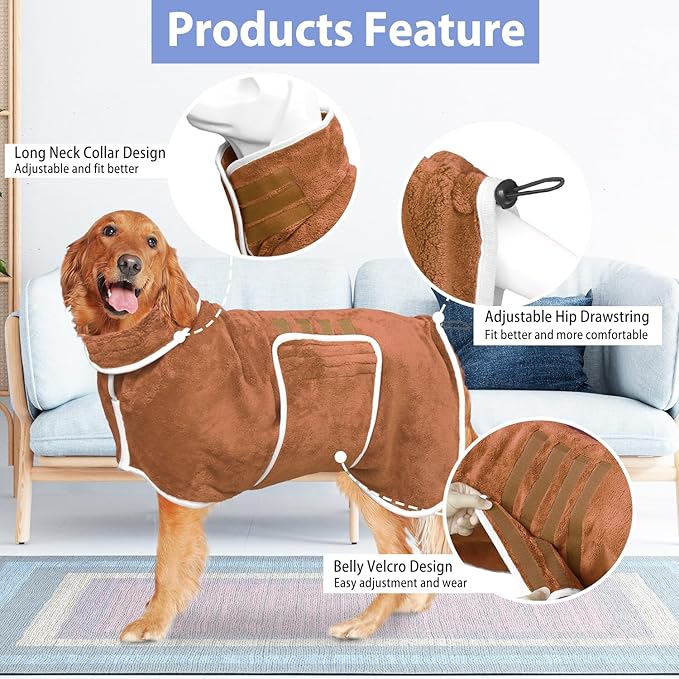 Dog Bathrobe Towel Dog Drying Coat - Super Absorbent Towels Bath Robe for Dogs Large, Soft Adjustable Collar & Belly Strap Fast Drying Coat Pet Cat Bath Robe (Brown, XX-Large)